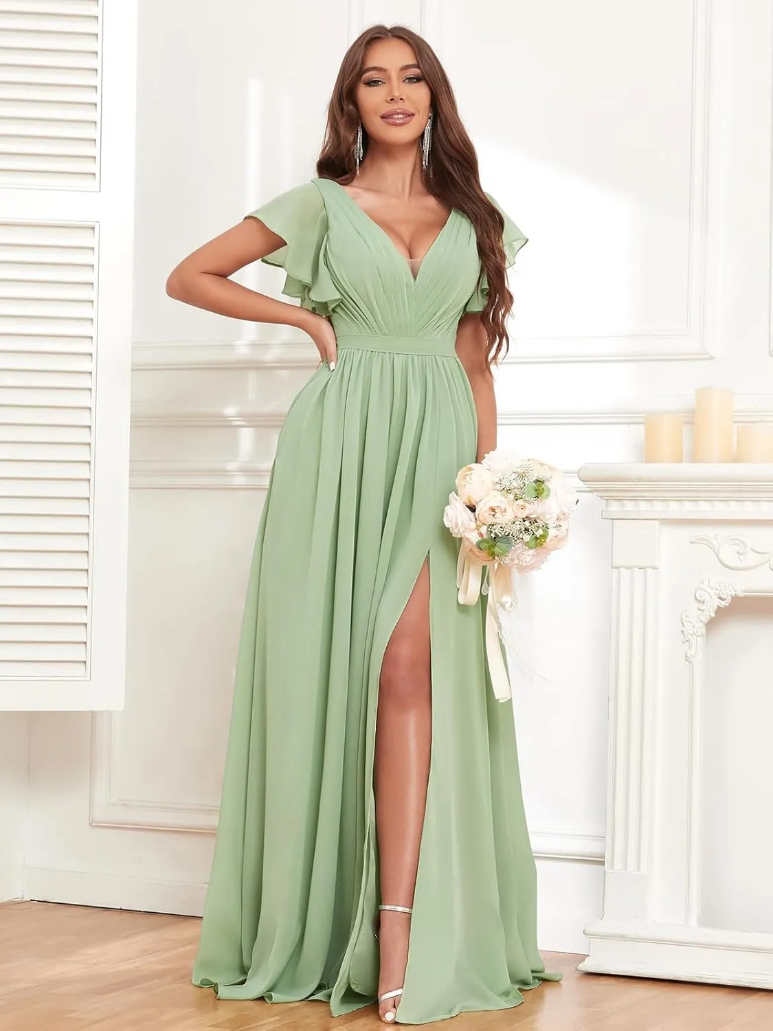 Bridesmaid Dresses for Women with Slit Pockets V Neck Flutter Sleeve Chiffon Wedding Long Formal Evening Gown Dresses