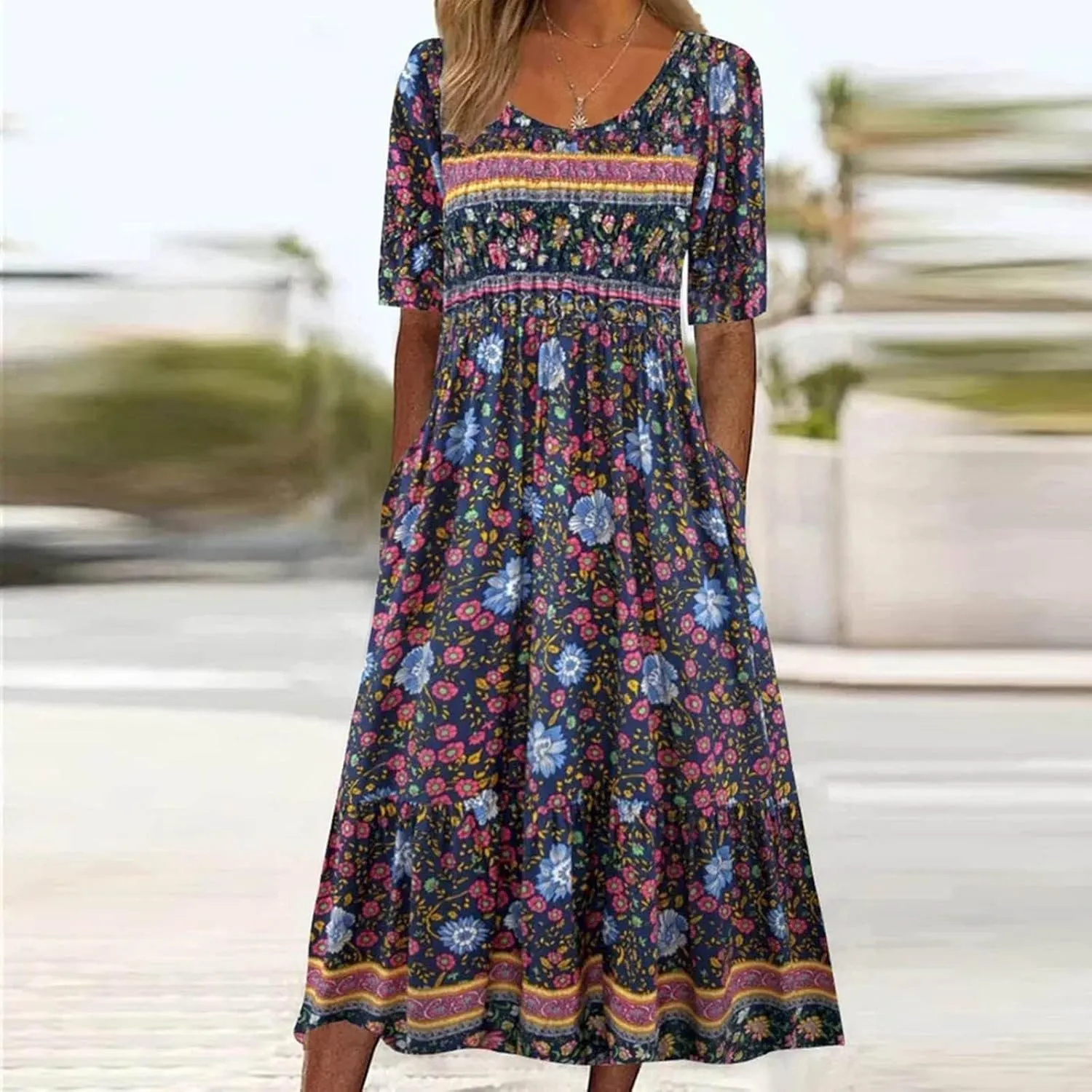 Casual Dresses for Women 2024 Boho Floral Print Dress Short Sleeve Pleated Dresses Trendy Beach Clothing with Clothing