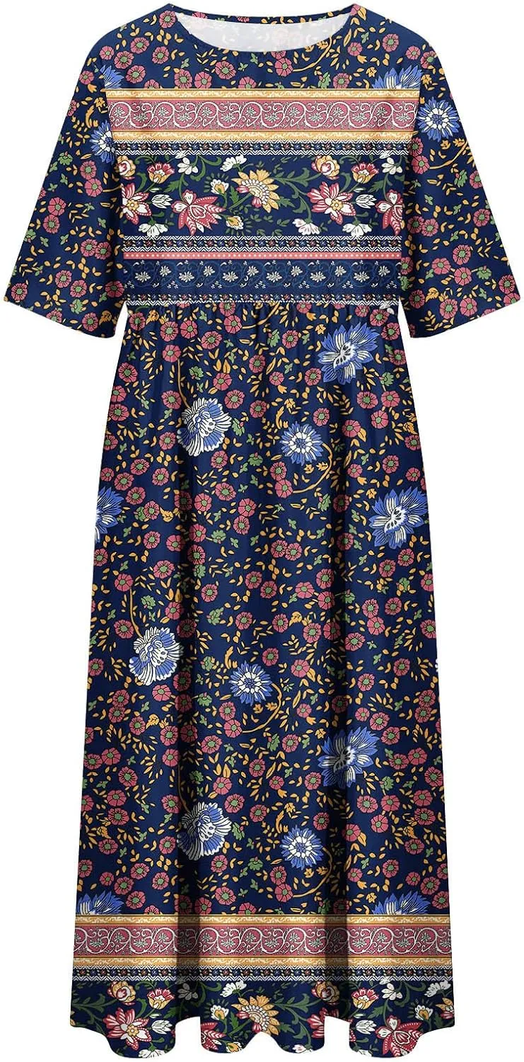 Casual Dresses for Women 2024 Boho Floral Print Dress Short Sleeve Pleated Dresses Trendy Beach Clothing with Clothing