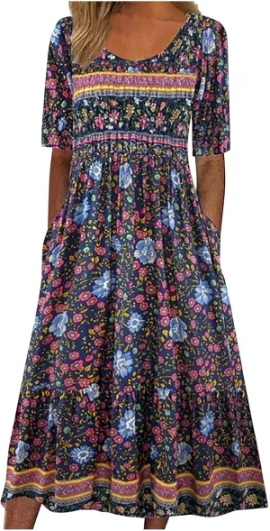 Casual Dresses for Women 2024 Boho Floral Print Dress Short Sleeve Pleated Dresses Trendy Beach Clothing with Clothing