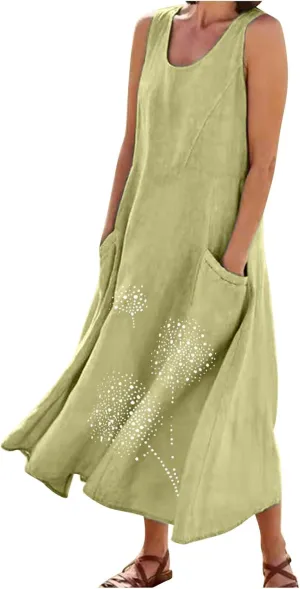 Casual Summer Dresses for Women 2024 Plus Size Sleeveless Flowy Beach Long Dress Dandelion Print Tank Sun Dresses