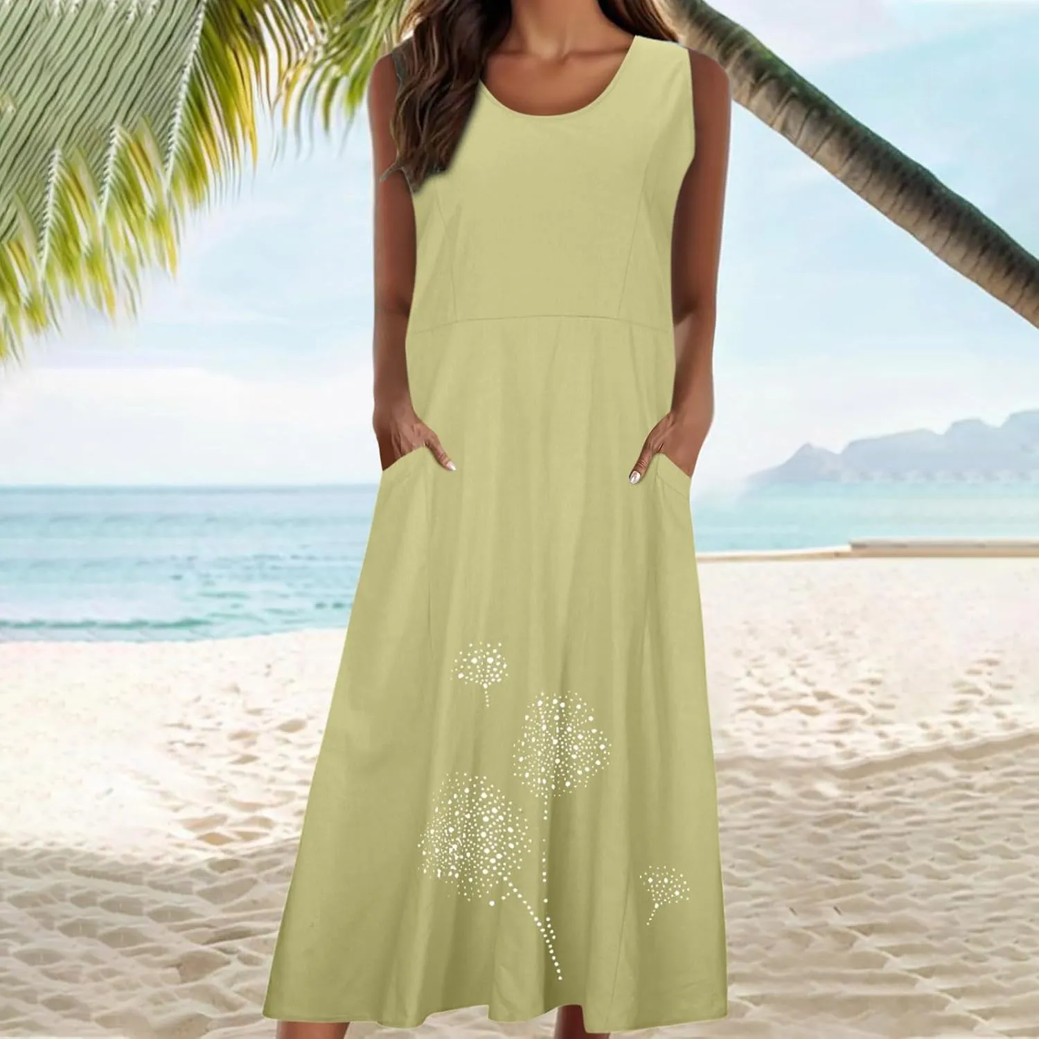 Casual Summer Dresses for Women 2024 Plus Size Sleeveless Flowy Beach Long Dress Dandelion Print Tank Sun Dresses