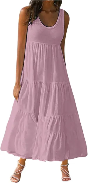 Ceboyel Tank Dresses for Women 2024 Smocked Sleeveless Maxi Dress Beach Vacation Sun Dress Trendy Causal Resort Sundresses