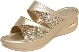 CERYTHRINA Womens Glitter Platform Wedge Slipper Summer Sequins Slides Sandals