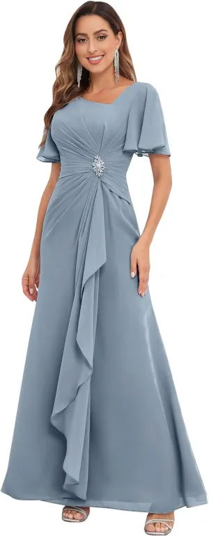Chiffon Mother of The Bride Dresses with Sleeves V Neck Ruffles Beaded A Line Long Formal Wedding Guest Dress