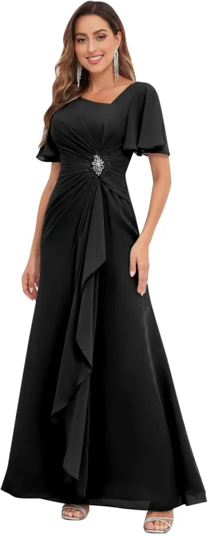 Chiffon Mother of The Bride Dresses with Sleeves V Neck Ruffles Beaded A Line Long Formal Wedding Guest Dress