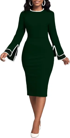 Church Dress for Women Flared Sleeve Midi Pencil Dress Elegant Teacher Office Business Wear to Work Dresses