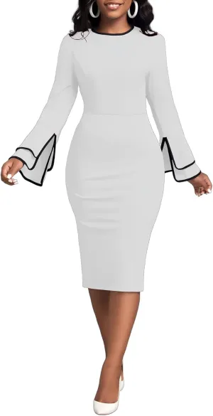 Church Dress for Women Flared Sleeve Midi Pencil Dress Elegant Teacher Office Business Wear to Work Dresses