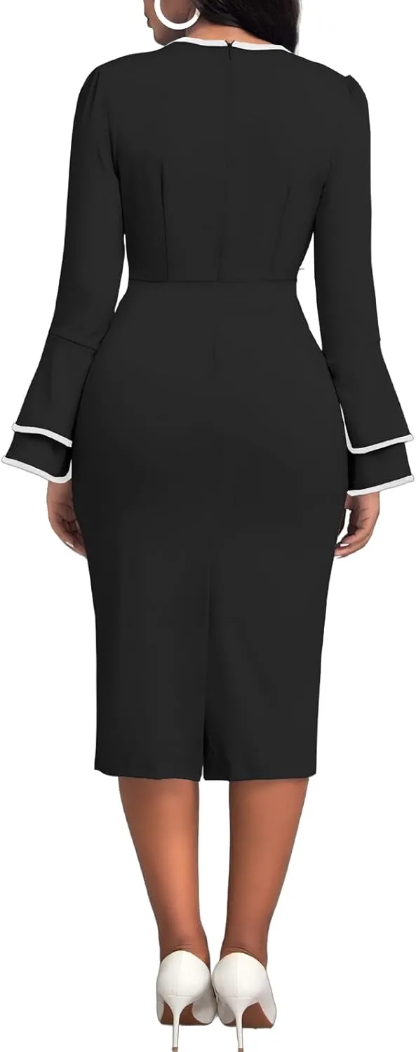 Church Dress for Women Flared Sleeve Midi Pencil Dress Elegant Teacher Office Business Wear to Work Dresses