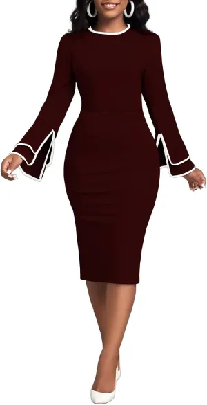 Church Dress for Women Flared Sleeve Midi Pencil Dress Elegant Teacher Office Business Wear to Work Dresses