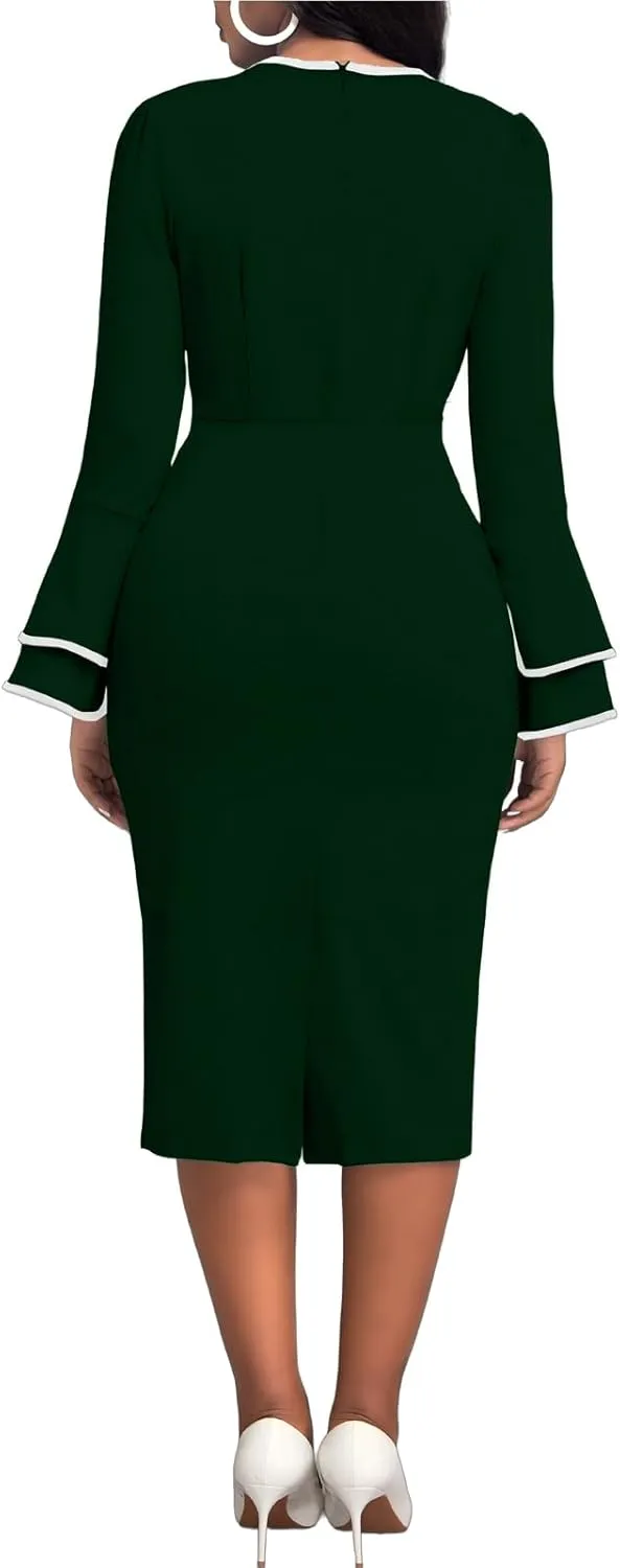 Church Dress for Women Flared Sleeve Midi Pencil Dress Elegant Teacher Office Business Wear to Work Dresses