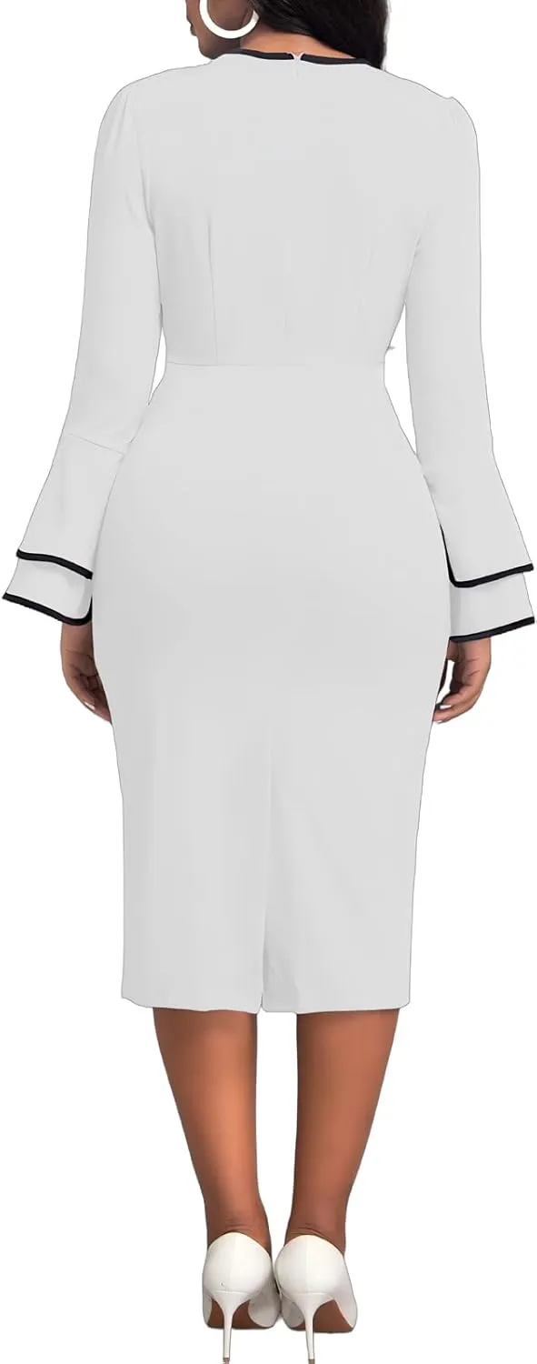 Church Dress for Women Flared Sleeve Midi Pencil Dress Elegant Teacher Office Business Wear to Work Dresses