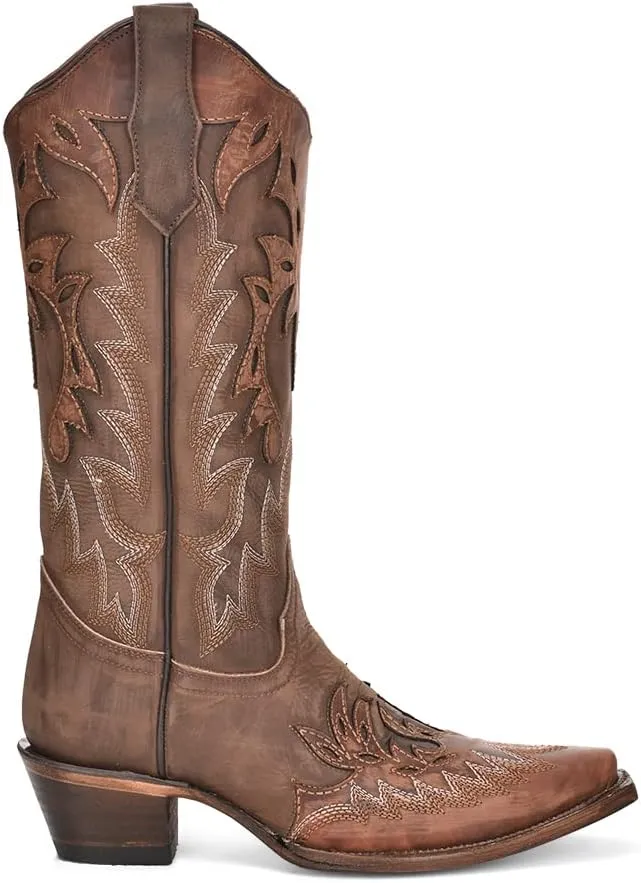 Circle G LADIES LD CHOCOLATE/COGNAC OVERLAY & EMBROIDERY WING TIP, SNIP TOE, LEATHER Sole, 13" Shaft, COWHIDE Leather, WESTERN BOOT, CHOCOLATE/COGNAC L6031 Size