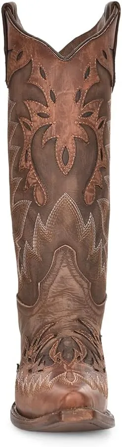 Circle G LADIES LD CHOCOLATE/COGNAC OVERLAY & EMBROIDERY WING TIP, SNIP TOE, LEATHER Sole, 13" Shaft, COWHIDE Leather, WESTERN BOOT, CHOCOLATE/COGNAC L6031 Size