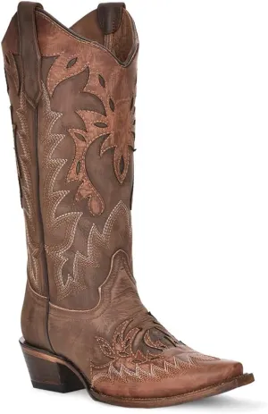 Circle G LADIES LD CHOCOLATE/COGNAC OVERLAY & EMBROIDERY WING TIP, SNIP TOE, LEATHER Sole, 13" Shaft, COWHIDE Leather, WESTERN BOOT, CHOCOLATE/COGNAC L6031 Size