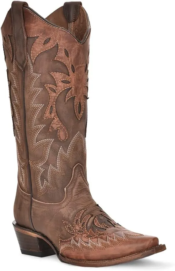 Circle G LADIES LD CHOCOLATE/COGNAC OVERLAY & EMBROIDERY WING TIP, SNIP TOE, LEATHER Sole, 13" Shaft, COWHIDE Leather, WESTERN BOOT, CHOCOLATE/COGNAC L6031 Size