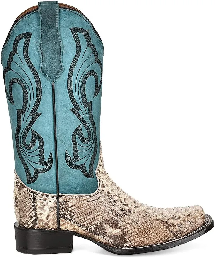 Circle G LADIES LD NATURAL/TURQUOISE PYTHON EMBROIDERY SQ. TOE, SQUARE TOE, LEATHER Sole, 12" Shaft, COWHIDE Leather, WESTERN BOOT, TURQUOISE L5906 Size