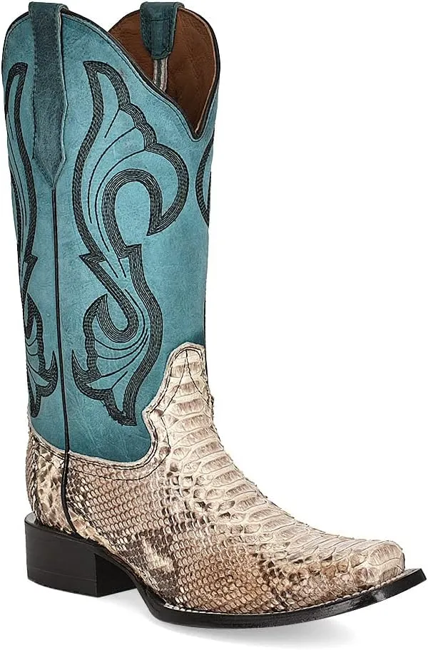 Circle G LADIES LD NATURAL/TURQUOISE PYTHON EMBROIDERY SQ. TOE, SQUARE TOE, LEATHER Sole, 12" Shaft, COWHIDE Leather, WESTERN BOOT, TURQUOISE L5906 Size