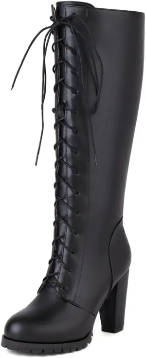 ClassicSter Womens Knee High Boots Block Chunky Mid Heels Combate Booties Strappy Buckle Motorcycle Riding Boots With Zip