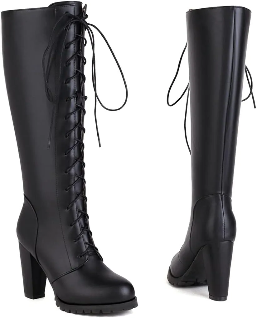 ClassicSter Womens Knee High Boots Block Chunky Mid Heels Combate Booties Strappy Buckle Motorcycle Riding Boots With Zip