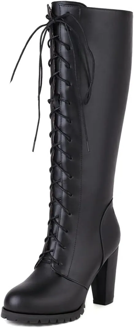 ClassicSter Womens Knee High Boots Block Chunky Mid Heels Combate Booties Strappy Buckle Motorcycle Riding Boots With Zip