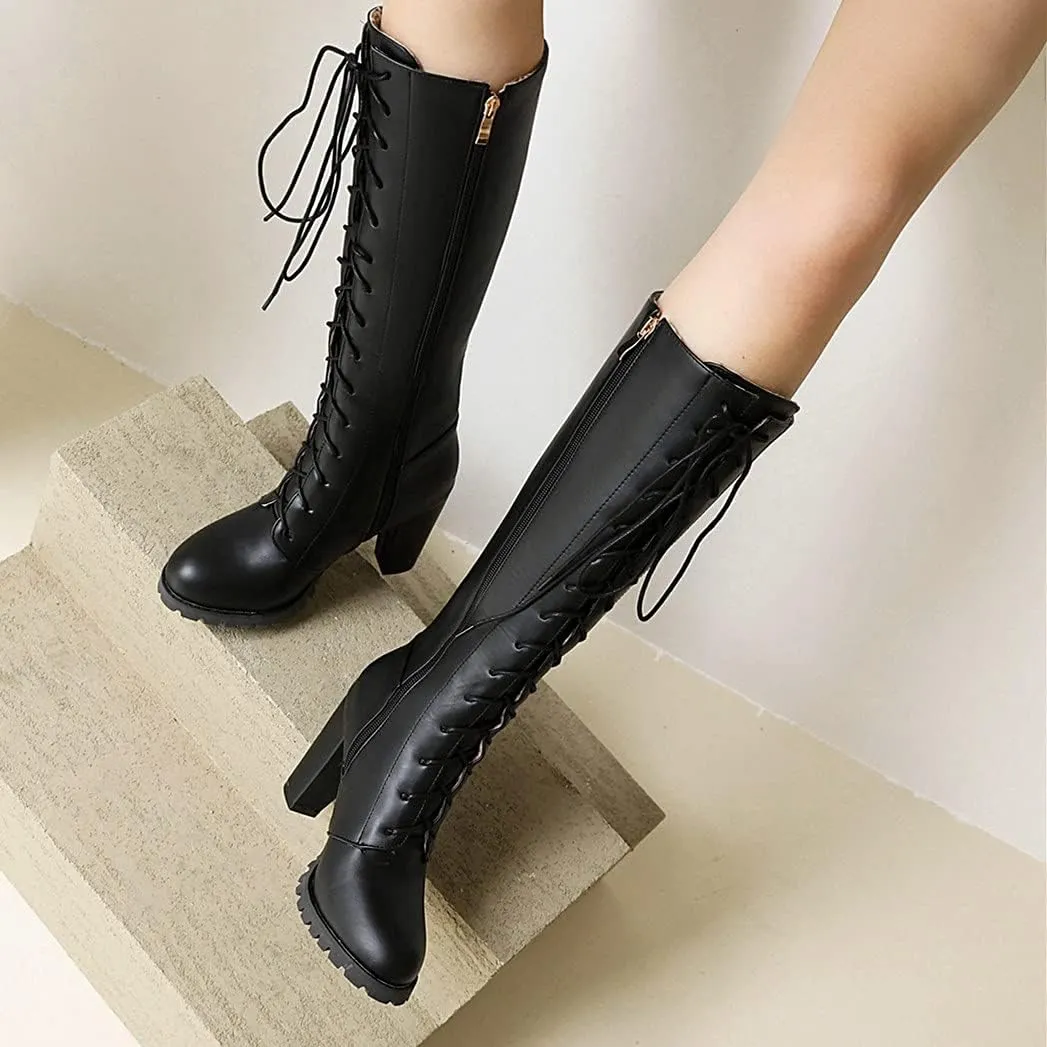 ClassicSter Womens Knee High Boots Block Chunky Mid Heels Combate Booties Strappy Buckle Motorcycle Riding Boots With Zip