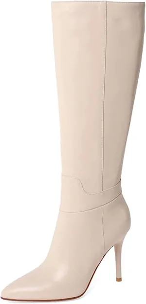 COLETER Women's Leather Knee High Boots Pointy Toe Side-Zip High Heels Dress Boots