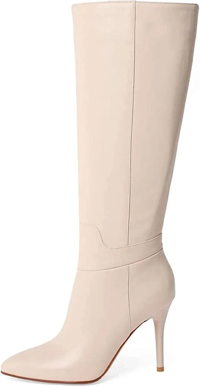 COLETER Women's Leather Knee High Boots Pointy Toe Side-Zip High Heels Dress Boots