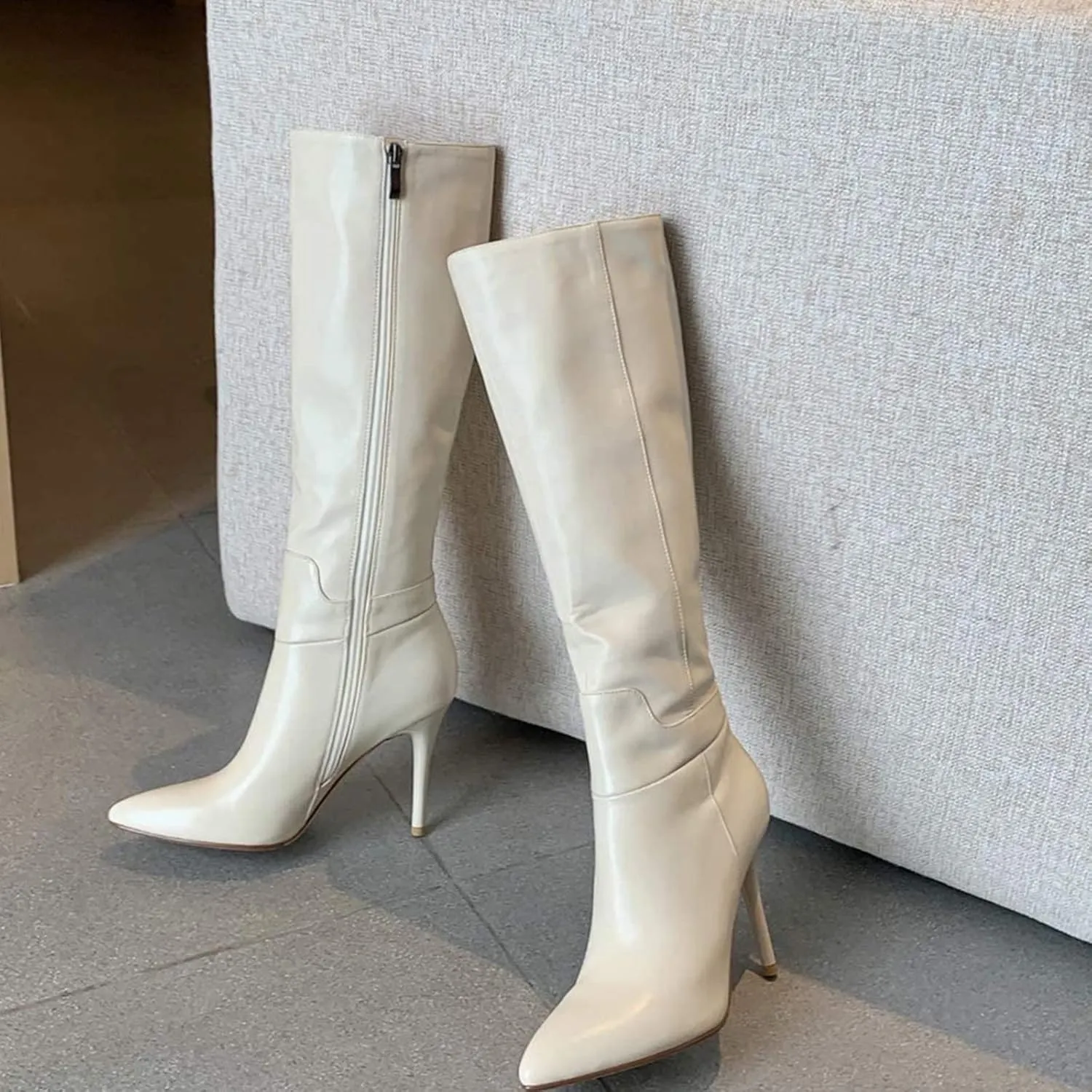 COLETER Women's Leather Knee High Boots Pointy Toe Side-Zip High Heels Dress Boots