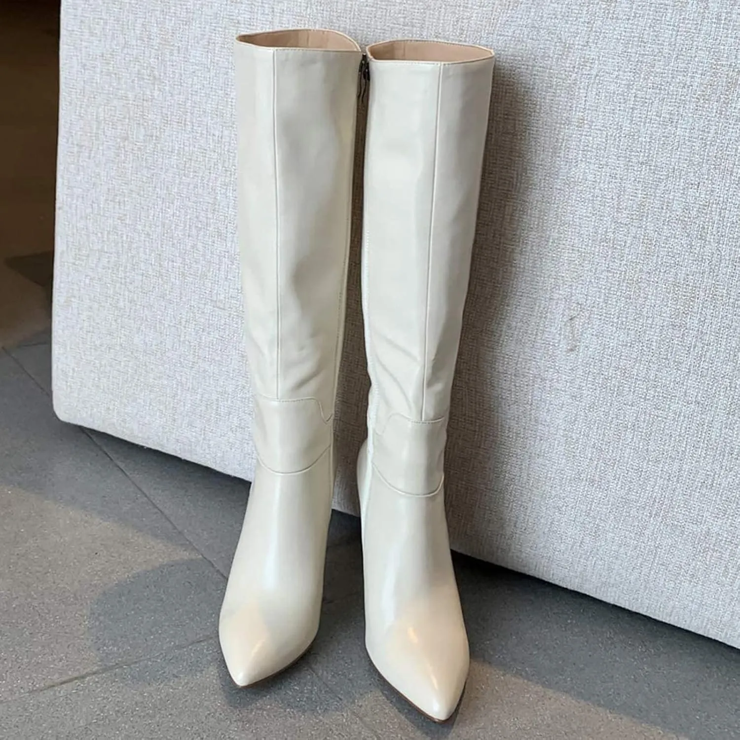 COLETER Women's Leather Knee High Boots Pointy Toe Side-Zip High Heels Dress Boots