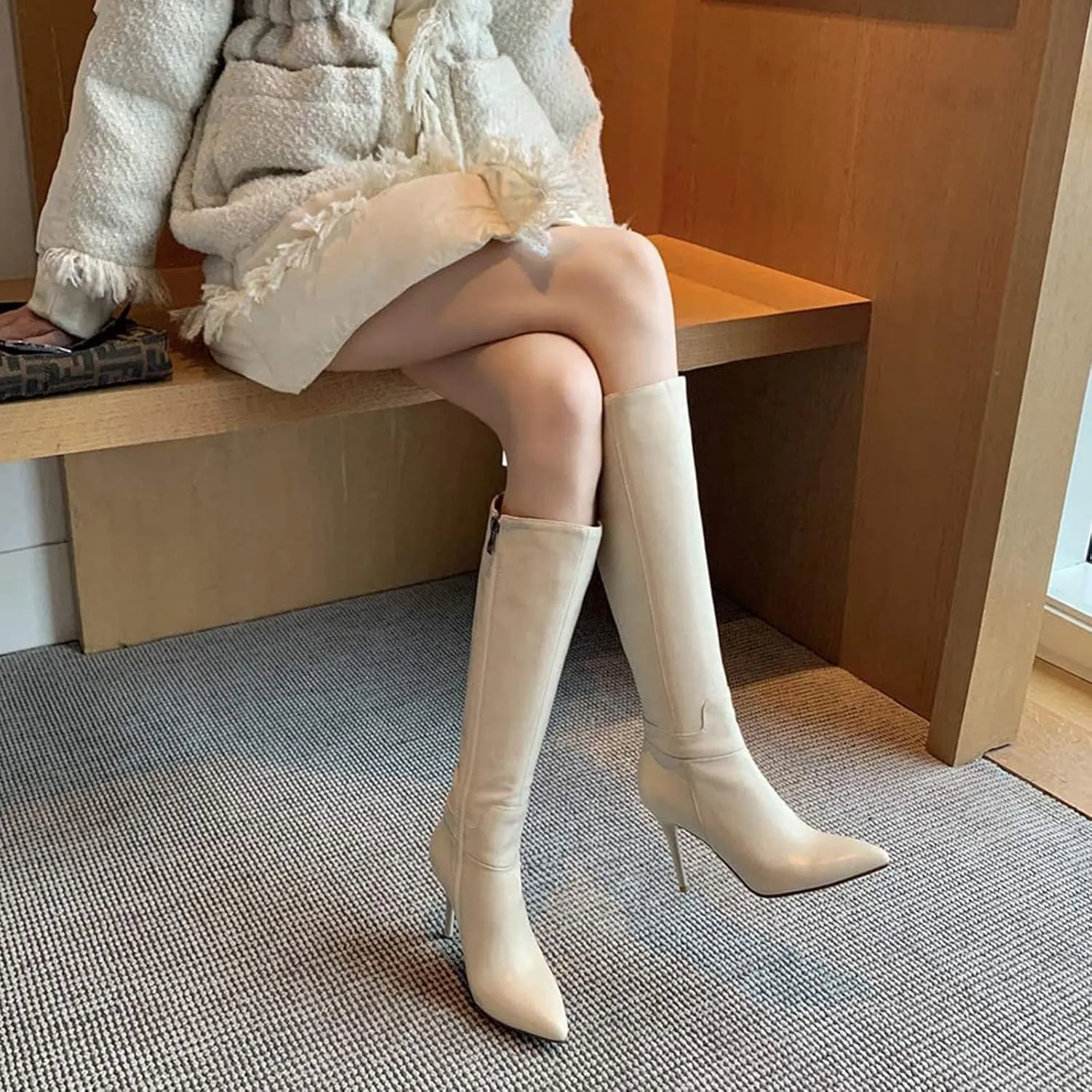 COLETER Women's Leather Knee High Boots Pointy Toe Side-Zip High Heels Dress Boots