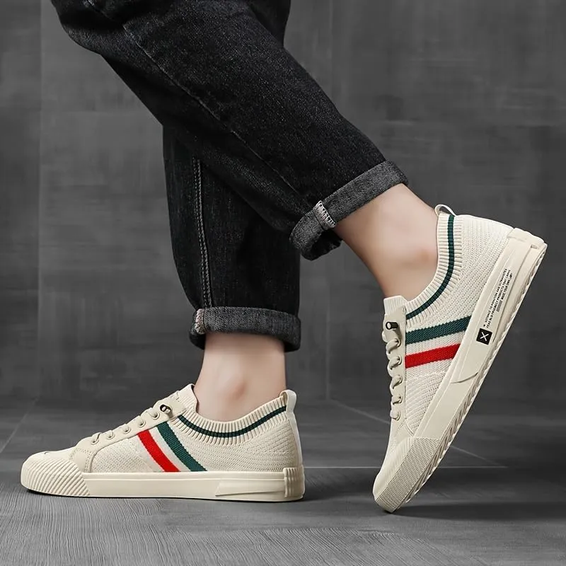 Comfortable Breathable Beige Men's Knit Sneakers - EVA Sole Lace-Up Footwear with Red/Green Strip Detail - Ideal for Daily Use & Running