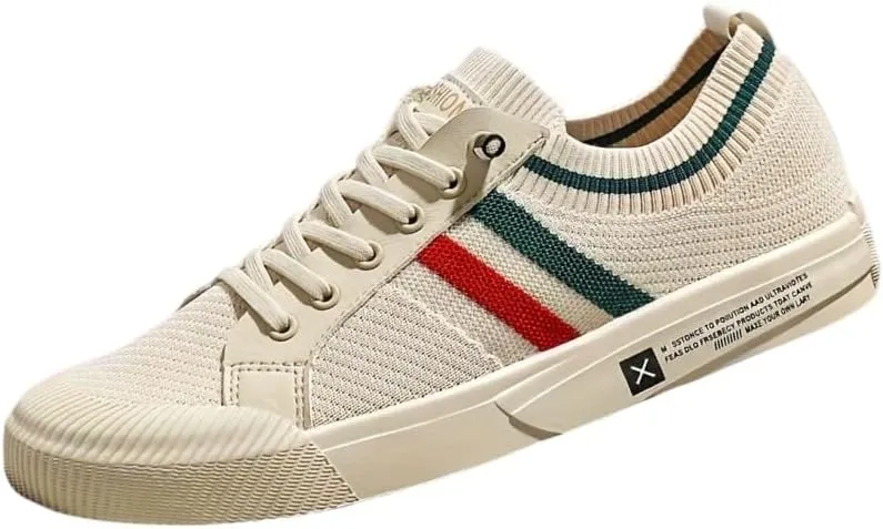 Comfortable Breathable Beige Men's Knit Sneakers - EVA Sole Lace-Up Footwear with Red/Green Strip Detail - Ideal for Daily Use & Running