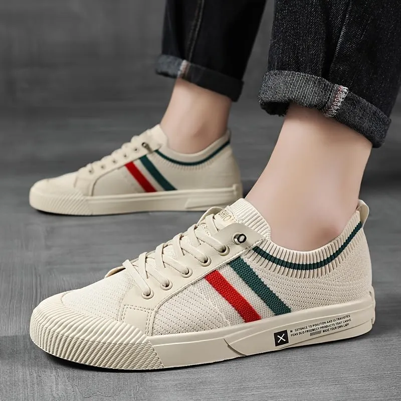 Comfortable Breathable Beige Men's Knit Sneakers - EVA Sole Lace-Up Footwear with Red/Green Strip Detail - Ideal for Daily Use & Running