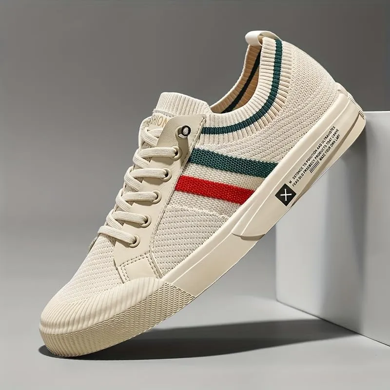 Comfortable Breathable Beige Men's Knit Sneakers - EVA Sole Lace-Up Footwear with Red/Green Strip Detail - Ideal for Daily Use & Running