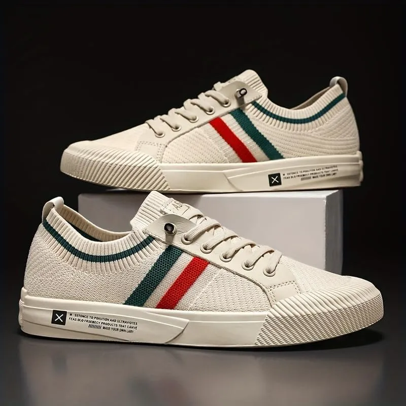 Comfortable Breathable Beige Men's Knit Sneakers - EVA Sole Lace-Up Footwear with Red/Green Strip Detail - Ideal for Daily Use & Running
