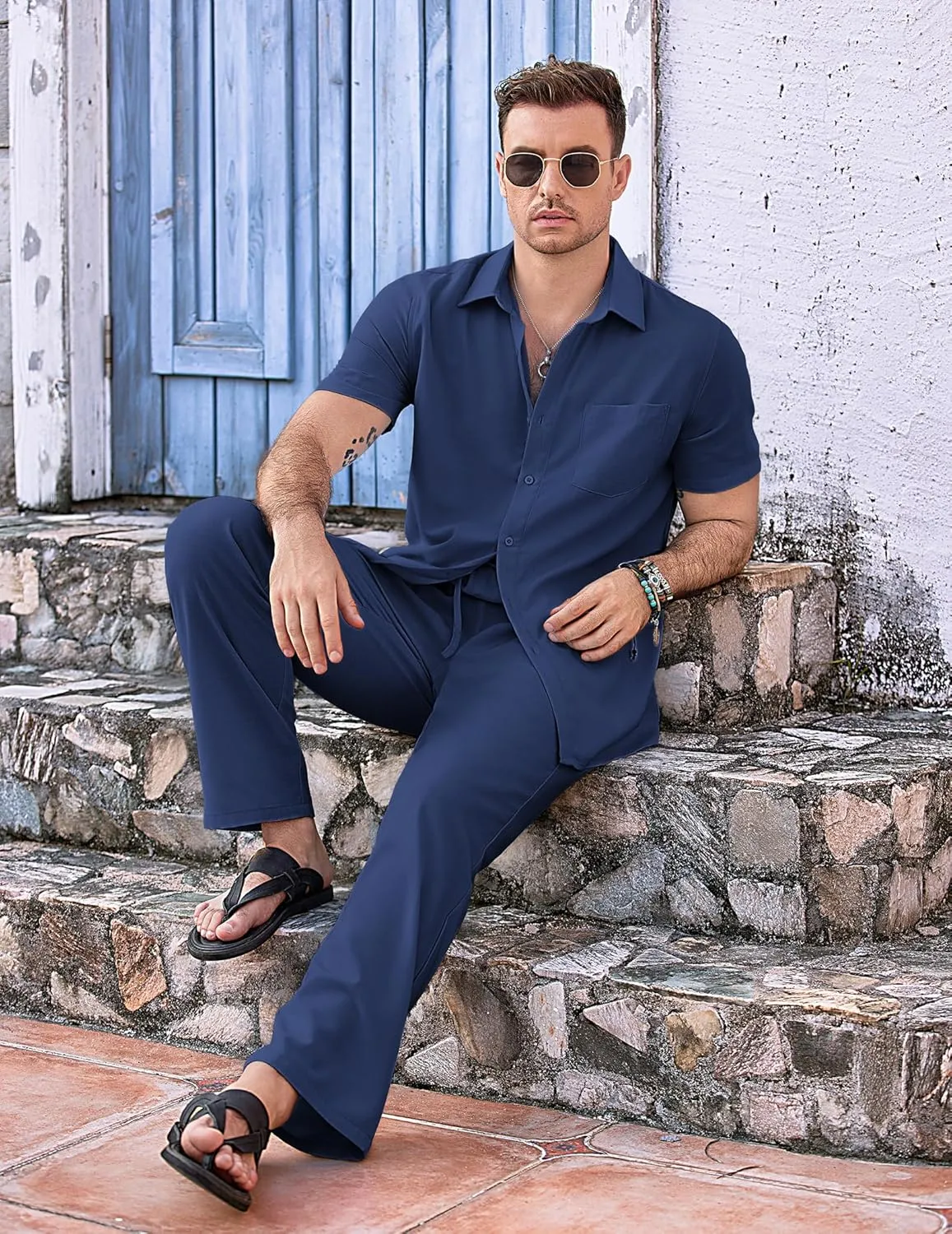 COOFANDY Mens 2 Piece Casual Beach Outfits Short Sleeve Button Down Shirts Summer Loose Pant Sets Vacation Walking Outfits
