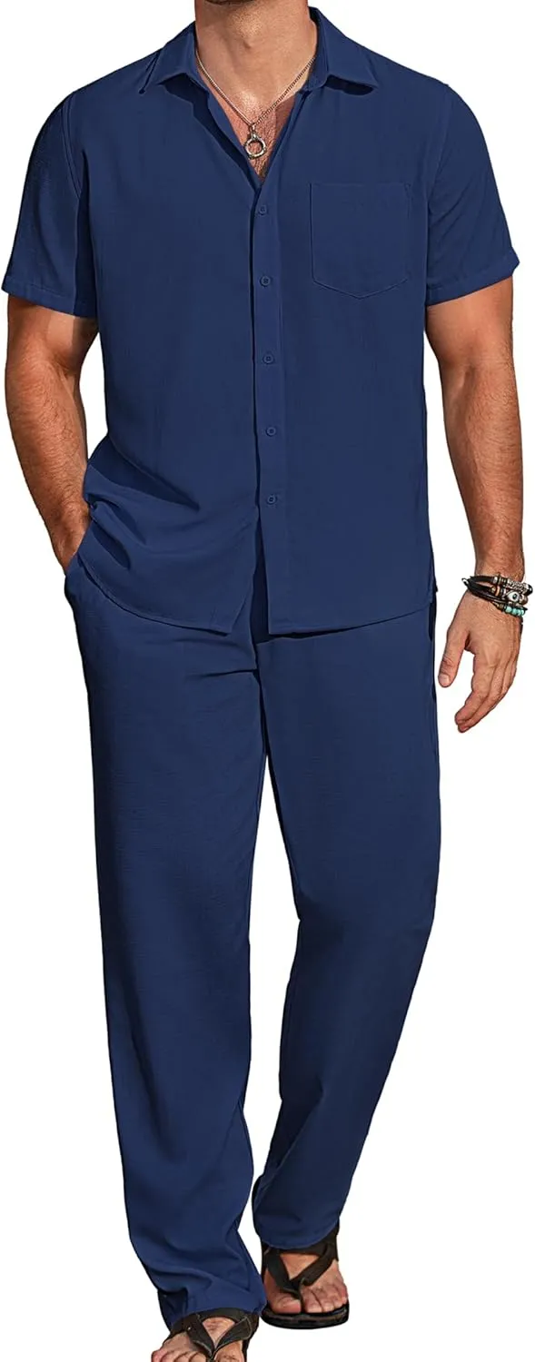 COOFANDY Mens 2 Piece Casual Beach Outfits Short Sleeve Button Down Shirts Summer Loose Pant Sets Vacation Walking Outfits