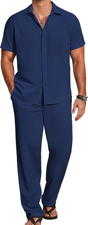 COOFANDY Mens 2 Piece Casual Beach Outfits Short Sleeve Button Down Shirts Summer Loose Pant Sets Vacation Walking Outfits