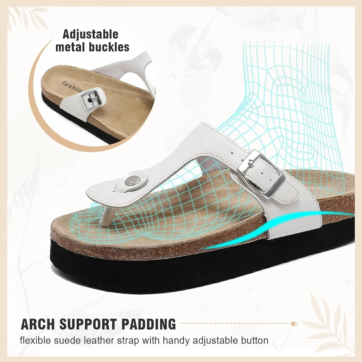 Cork Flip Flops for Women, Arch Support Thong Sandals with Adjustable Buckle Straps, Comfortable Casual Summer Footwear for Beach & Outdoor Activities