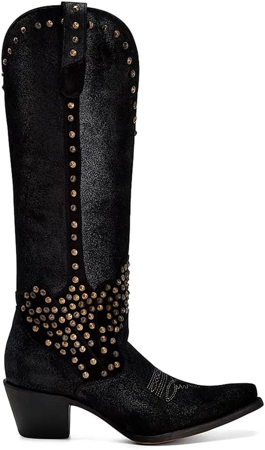CORRAL LADIE'S BLACK METALLIZED LEATHER & EMBROIDERY & STUDS & ZIPPER TALL TOP POINTED TOE, LEATHER SOLE, COWHIDE LEATHER, URBAN BOOTS, C4134