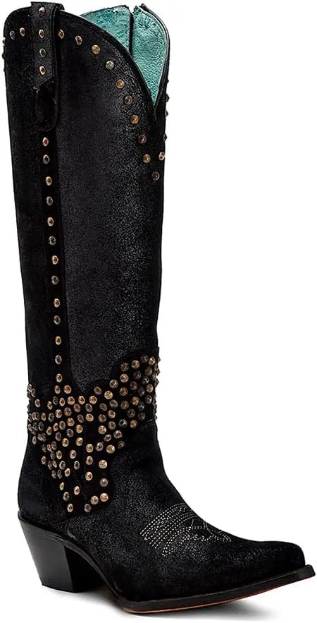CORRAL LADIE'S BLACK METALLIZED LEATHER & EMBROIDERY & STUDS & ZIPPER TALL TOP POINTED TOE, LEATHER SOLE, COWHIDE LEATHER, URBAN BOOTS, C4134
