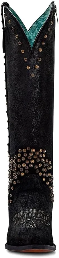 CORRAL LADIE'S BLACK METALLIZED LEATHER & EMBROIDERY & STUDS & ZIPPER TALL TOP POINTED TOE, LEATHER SOLE, COWHIDE LEATHER, URBAN BOOTS, C4134