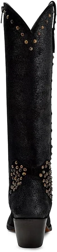 CORRAL LADIE'S BLACK METALLIZED LEATHER & EMBROIDERY & STUDS & ZIPPER TALL TOP POINTED TOE, LEATHER SOLE, COWHIDE LEATHER, URBAN BOOTS, C4134