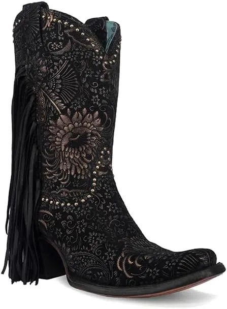CORRAL LADIE'S BLACK/GOLADIE'S STAMPED FLORAL SUEDE STUDS & FRINGES ANKLE BOOT NARROW SQUARE TOE, CORRAL SMALL SOLE,COWHIDE LEATHER, URBAN BOOT, A4492