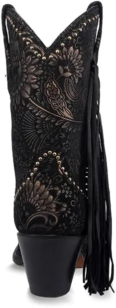 CORRAL LADIE'S BLACK/GOLADIE'S STAMPED FLORAL SUEDE STUDS & FRINGES ANKLE BOOT NARROW SQUARE TOE, CORRAL SMALL SOLE,COWHIDE LEATHER, URBAN BOOT, A4492