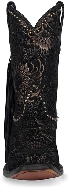 CORRAL LADIE'S BLACK/GOLADIE'S STAMPED FLORAL SUEDE STUDS & FRINGES ANKLE BOOT NARROW SQUARE TOE, CORRAL SMALL SOLE,COWHIDE LEATHER, URBAN BOOT, A4492