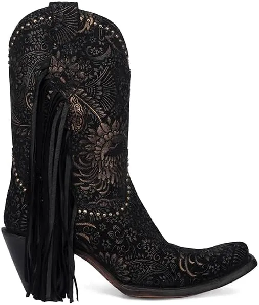 CORRAL LADIE'S BLACK/GOLADIE'S STAMPED FLORAL SUEDE STUDS & FRINGES ANKLE BOOT NARROW SQUARE TOE, CORRAL SMALL SOLE,COWHIDE LEATHER, URBAN BOOT, A4492