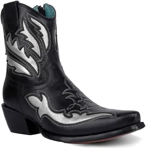 CORRAL LADIE'S BLACK/WHITE INLAY &EMBROIDERY ANKLE BOOT, CORRAL 43.8 X 34.8 X 11.0 SOLE,COWHIDE LEATHER, URBAN BOOT, F1361