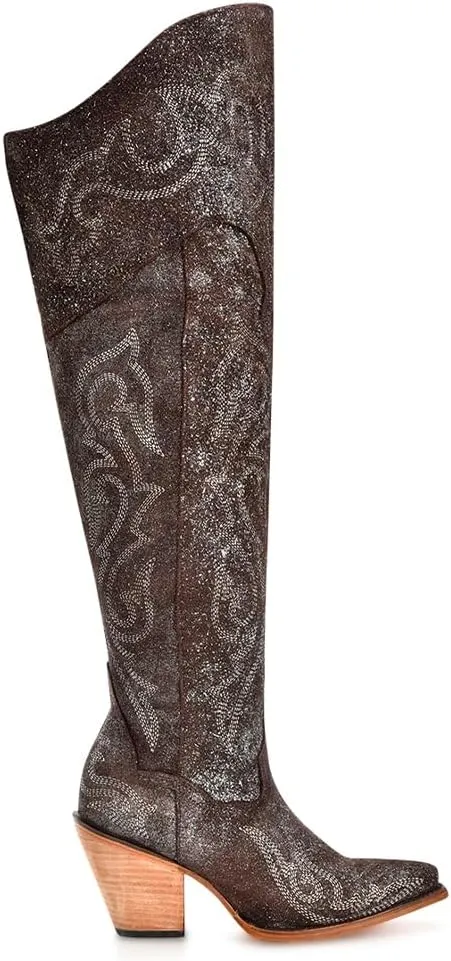 CORRAL LADIE'S BROWN-SILVER METALLIZED LEATHER & EMBROIDERY & SCRUNCHABLE LEATHER TALL TOP POINTED TOE, LEATHER SOLE, COWHIDE LEATHER, URBAN BOOTS, Z5242